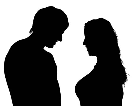 Young man and woman are standing next to each other. Isolated silhouette on a white backgroundのイラスト素材