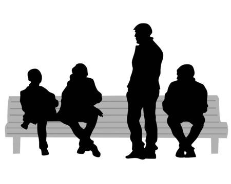 Young men are sitting on a park bench. Isolated silhouettes on a white backgroundのイラスト素材