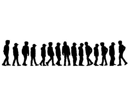 Little children in warm clothes are walking on street. Isolated silhouettes on white backgroundのイラスト素材