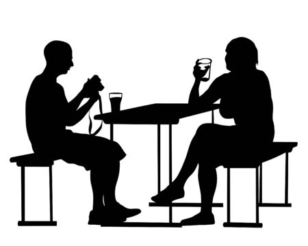 People in urban cafe. Isolated silhouettes of people on a white backgroundのイラスト素材