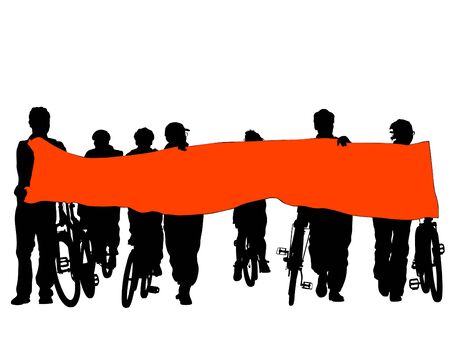 Young athlete on a bike whit red banner. Isolated silhouette on a white backgroundのイラスト素材