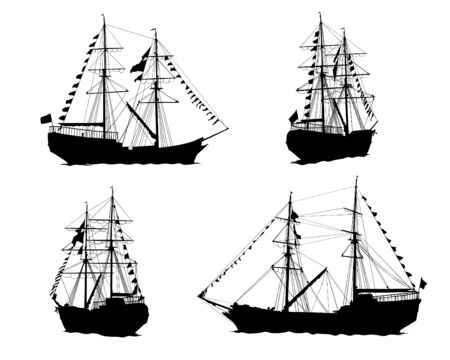 Old sailing ship at sea. Isolated silhouettes on a white backgroundのイラスト素材