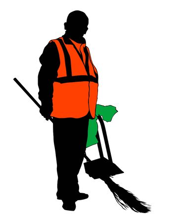 Janitor in signal vest whit broom. Isolated silhouette on a white backgroundのイラスト素材