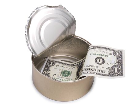 Paper dollar lies in a tin can. Isolated object on a white backgroundの写真素材
