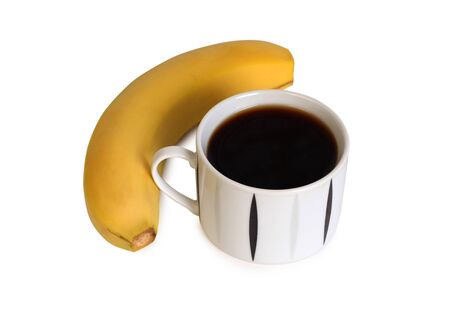 Ripe yellow banana and cup of coffee on white background. Ingredients for cookingの写真素材