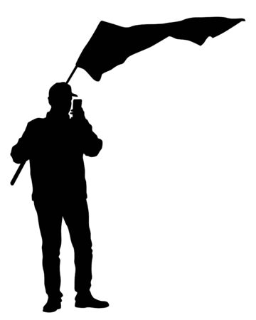 People of with banner and flags. Isolated silhouettes of people on a white backgroundのイラスト素材