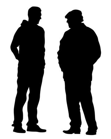 Two men are standing and talking. Isolated silhouettes on a white background