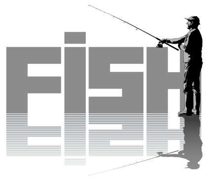 Fisherman with a fishing rod on shore. Isolated silhouette of a man on a white backgroundのイラスト素材