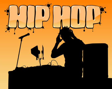 Young man with a microphone reads a rap. Stylized image on theme of hip hopのイラスト素材