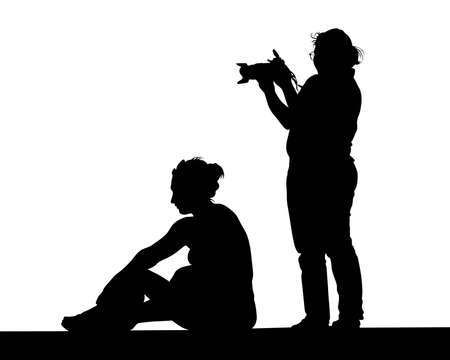 Young woman holds a camera in her hand. Isolated silhouettes of people on a white backgroundのイラスト素材