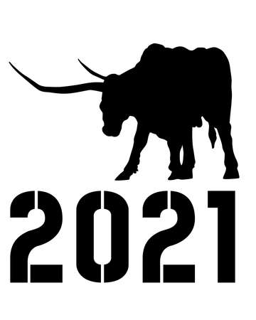 Bull with big horns and numbers for the new year. Isolated silhouette on white backgroundのイラスト素材