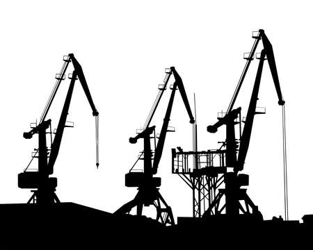 Large cranes in the seaport. Isolated silhouettes on white backgroundのイラスト素材