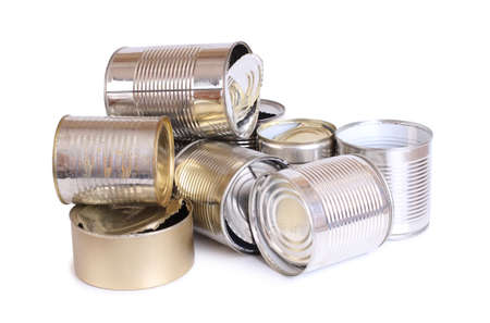 Heap of old empty cans on a white background. Isolated objectsの写真素材