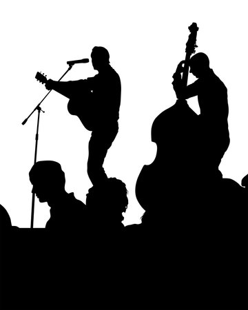 Rock band musicians on stage. Isolated silhouettes on a white backgroundのイラスト素材