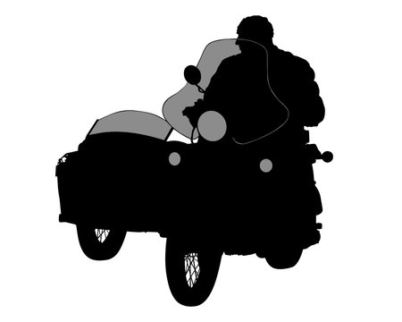 Man on a motorcycle with a sidecar rides on the road. Isolated object on white backgroundのイラスト素材