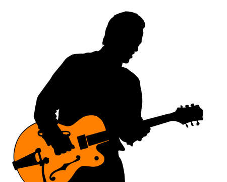 Rock band musicians on stage. Isolated silhouettes on a white backgroundのイラスト素材