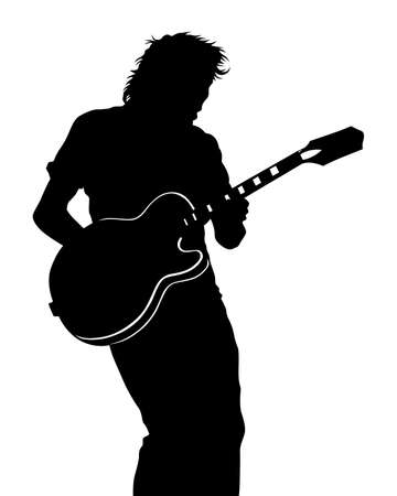 Rock musicians whit guitar on stage. Isolated silhouettes on a white backgroundのイラスト素材