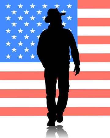 Elderly man in a cowboy hat against the background of the American flagのイラスト素材