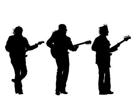 Rock band musicians on stage. Isolated silhouettes on a white backgroundのイラスト素材