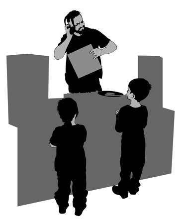 DJ with a vinyl disc in his hands stands on stage in front of childrenのイラスト素材