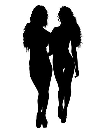 Beauty young girl in dress walking down street. Isolated silhouette on white backgroundのイラスト素材