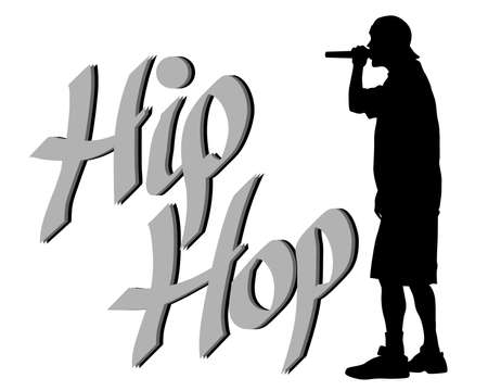 Young man with a microphone reads a rap. Stylized image on theme of hip hopのイラスト素材