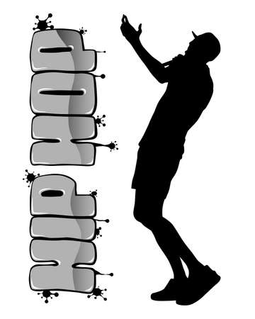 Young man with a microphone reads a rap. Stylized image on theme of hip hopのイラスト素材