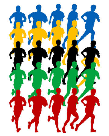 Young athletes run a marathon. Isolated silhouettes on white backgroundのイラスト素材