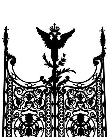 Large eagle on an ancient metal gate. Isolated silhouette on white backgroundのイラスト素材