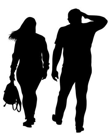Young man and woman are standing next to each other. Isolated silhouette on a white backgroundのイラスト素材
