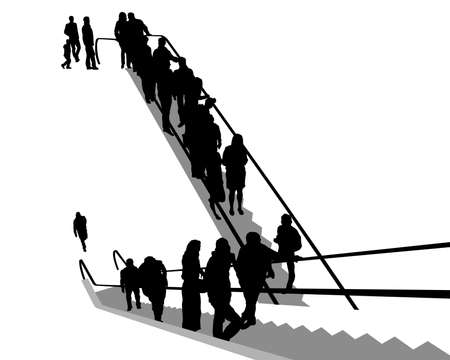 Crowds people on escalator. Isolated silhouette on a white backgroundのイラスト素材
