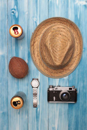 objects for blogger on blue wooden tableの写真素材