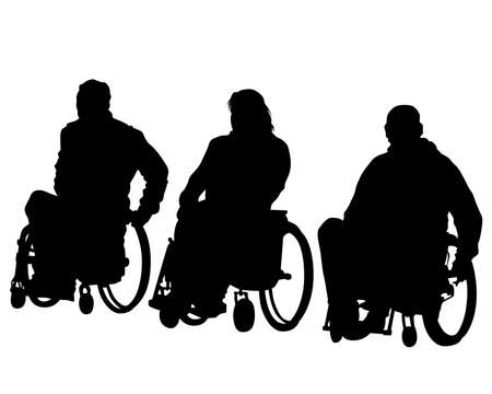 Disabled people in wheelchairs are driving down the street. Isolated silhouettes on white backgroundのイラスト素材