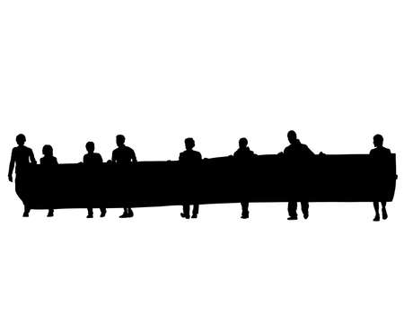 People of with large flags. Isolated silhouettes of people on a white backgroundのイラスト素材
