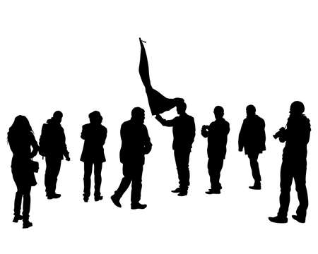 People of with large flags. Isolated silhouettes of people on a white backgroundのイラスト素材