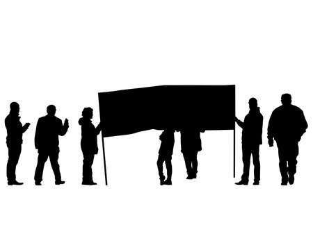 People of with large flags. Isolated silhouettes of people on a white backgroundのイラスト素材