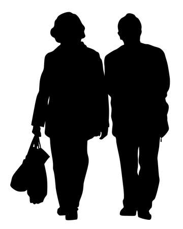 Elderly woman and man with a stick is walking down the street. Isolated silhouette on a white backgroundのイラスト素材