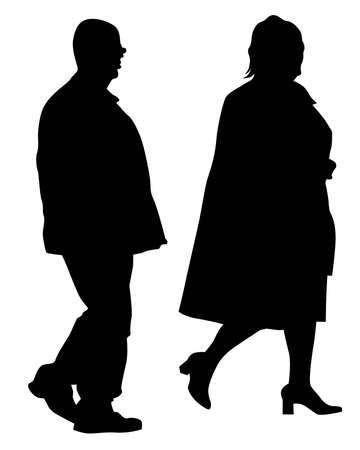 Elderly woman and man with a stick is walking down the street. Isolated silhouette on a white backgroundのイラスト素材