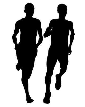 Young athletes run a marathon. Isolated silhouettes on white backgroundのイラスト素材