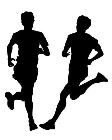 Young athletes run a marathon. Isolated silhouettes on white backgroundのイラスト素材