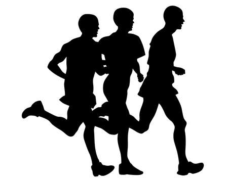 Young athletes run a marathon. Isolated silhouettes on white backgroundのイラスト素材