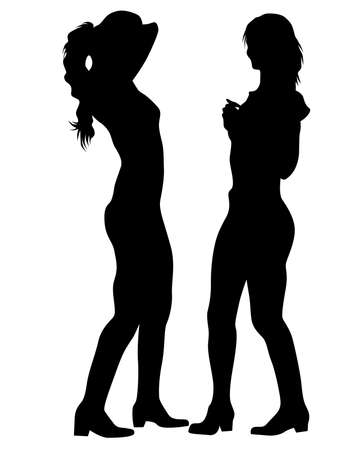 Beauty young girl in dress walking down street. Isolated silhouette on white backgroundのイラスト素材