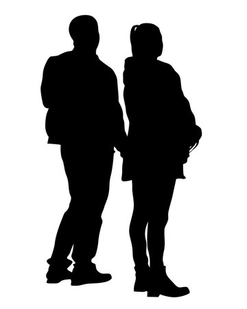 Young man and woman are standing next to each other. Isolated silhouette on a white backgroundのイラスト素材