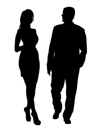 Young man and woman are standing next to each other. Isolated silhouette on a white backgroundのイラスト素材