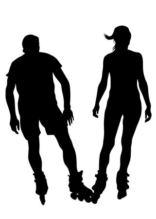Silhouette of boy and girl on roller skates on white backgroundのイラスト素材