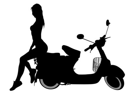 Old big bike and beautiful woman white backgroundのイラスト素材