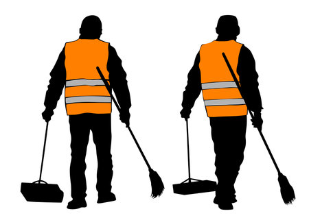 Janitor in signal vest whit broom. Isolated silhouette on a white backgroundのイラスト素材
