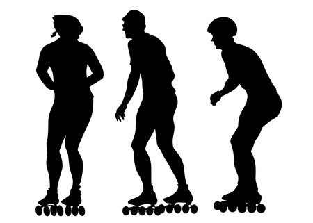 Silhouette of boy and girl on roller skates on white backgroundのイラスト素材