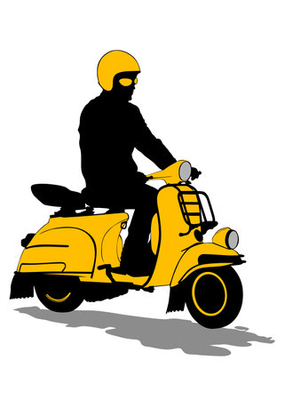 Retro scooter and man white backgroundのイラスト素材