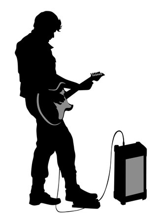 Rock band musicians on stage. Isolated silhouettes on a white backgroundのイラスト素材